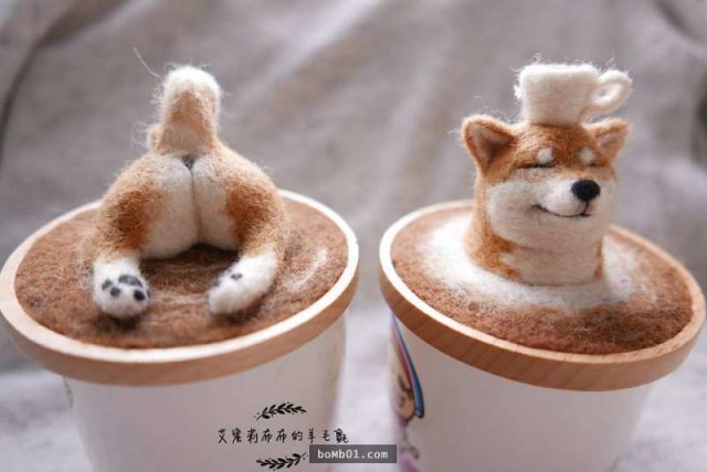 台湾手工达人打造超拟真羊毛毡柴犬杯盖-七匣